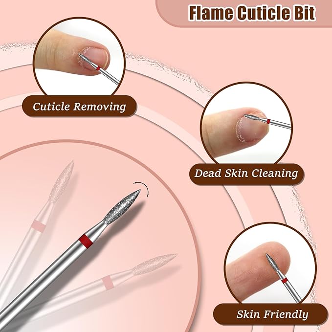 2mm Flame Shape Cuticle Clean Nail Drill Bit 3/32'', Professional Safety Carbide Diamond Under Nail Cleaner for Cuticle Dead Skin Nail Prepare, Two Way Rotate, Manicure Salon Supply (Sliver, Fine)