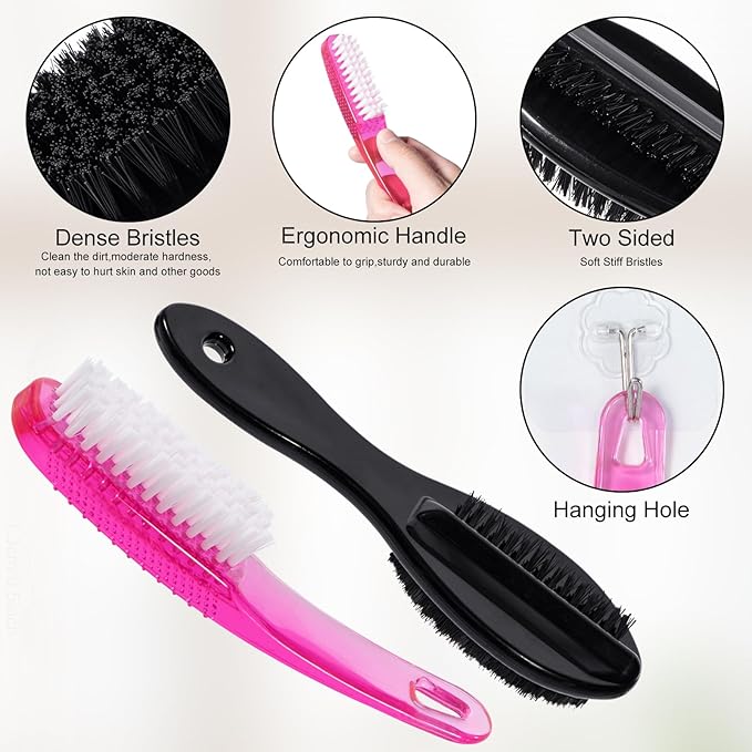 Nail Brush for Cleaning Fingernails 4 PCS, Long Handle Grip Double Sided Nail Foot Scrub Brush Fingernail Cleaner, Soft Stiff Bristles Pedicure Nail Scrubber Non-Slip for Men Women, Black Pink