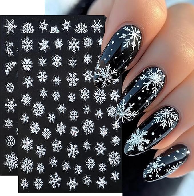 4Sheets Self-Adhesive White Snowflake Nail Art Stickers 3D Embossed Christmas Nail Decals Snowflakes Nail Stickers with Shell Light Design Nail Decal White Bow Star Nail Sticker for Women Nails Decor