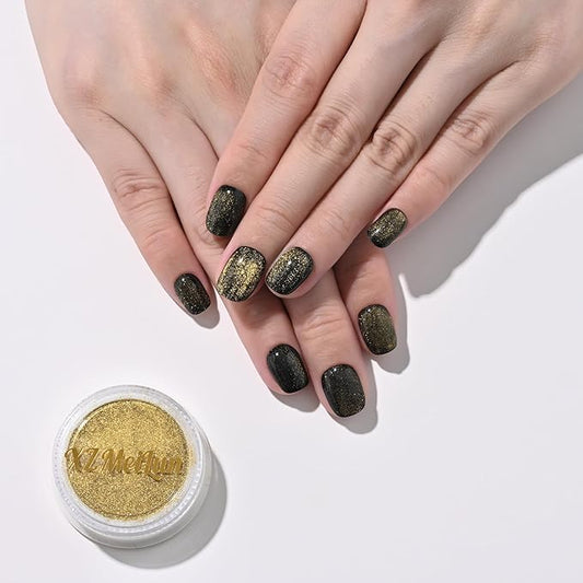 Cat Eye Nail Powder, Big-Capacity 0.8g 9D Cat Eyes Magnetic Powder Gold Magic Mirror Effect Pigment Holographic Nail Art Glitter, Can Mixed with Builder Gel Nail Polish for Use