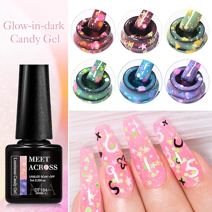 MEET ACROSS Candy Glow in the Dark Gel Nail Polish Set, 6 Colors Luminous Light Pink Yellow Purple Glow Effect Nail Polish with Sequins Soak off UV LED Cured for Home Salon DIY Manicure
