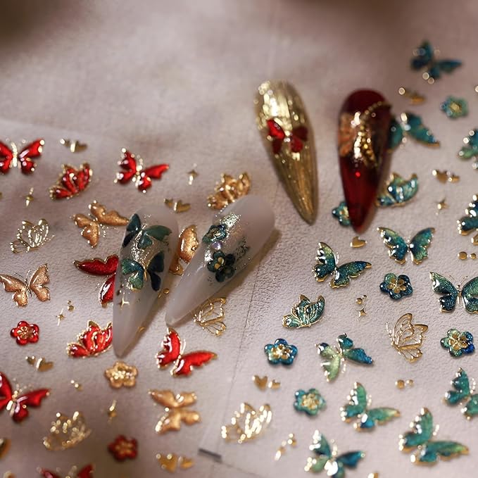Butterfly Nail Stickers for Nail Art 5D Embossed Flower Nail Art Stickers Green Red Gold Butterfly Nail Decals Self-Adhesive Spring Summer Nail Design for Women Girls 2Sheets
