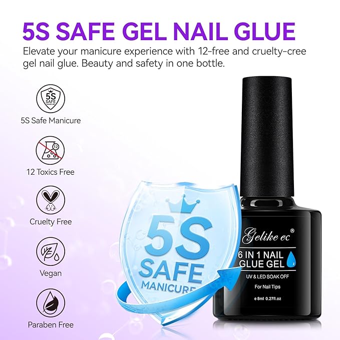 Gelike EC Gel Nail Glue UV Light: Nude 6 in 1 Adhesive Gel Nail Polish, Strong Nail Glue for Press On Nails Nails Acrylic Tips, Long Last - Nail Art Gift for Home Salon Beginner DIY