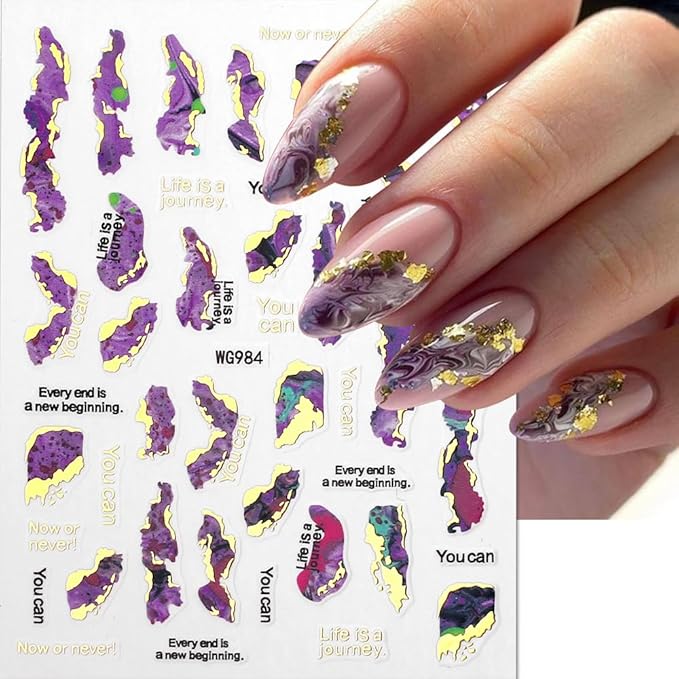 3D Marble Nail Stickers - 6 Color Marble Decals, Blooming Nail Art, Bronzing & Watercolor Smudge Resistant, Self-Adhesive Gold Foil Designs