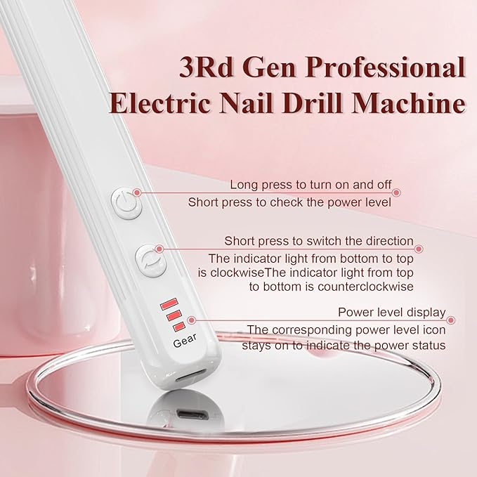 Professional Nail Drill Set, 2,0000 RPM Electric Nail File with 12 Grinding Head & 100Pcs Sanding Bands for Acrylic Gel Nails, Manicure and Polishing (White)