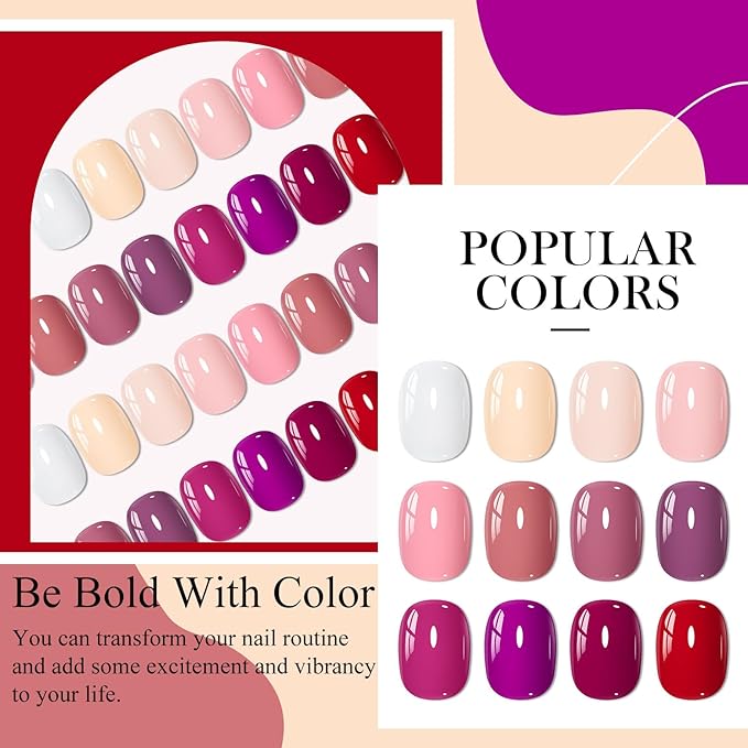 MEET ACROSS 1 Step Gel Nail Polish Set 12 Colors Gel Polish Kit Beige Pink Purple Red Soak Off UV/LED Nail Polish for Home DIY & Birthday Gifts