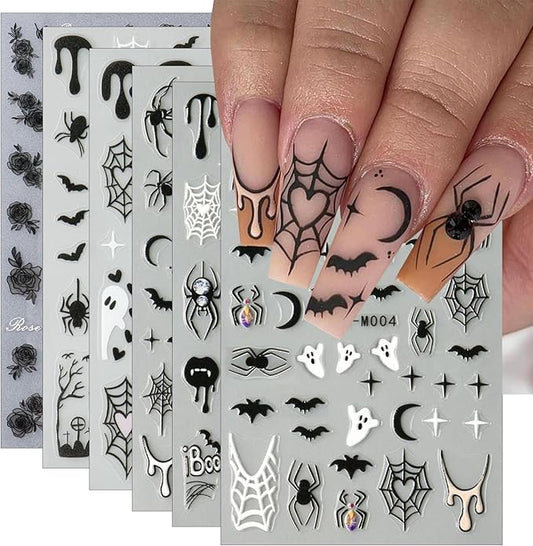 6Pcs Halloween Nail Stickers for Nail Art, Bat Spiders Nail Art Stickers Spider Web Black Rose Skull Ghost Nails Design Decals Halloween Nail Supplies for Women DIY Manicure Decoration Accessories
