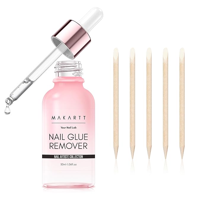 Makartt Press on Nail Glue Remover: Updated Formula with Vitamin E | Glue Debonder with 5 Wooden Sticks,1 Dropper Applicator for Quicker Application,Non-Acetone,Hema-free Glue off 30 ml