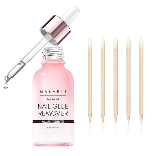 Makartt Press on Nail Glue Remover: Updated Formula with Vitamin E | Glue Debonder with 5 Wooden Sticks,1 Dropper Applicator for Quicker Application,Non-Acetone,Hema-free Glue off 30 ml