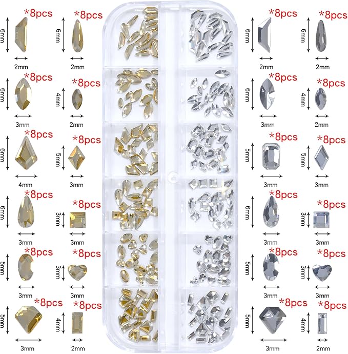 HNUIX Nail Rhinestones for nails - 3D Multi Shapes, Flat Back, Small Nail Gems, Crystal & Champagne Gold Nail Diamonds, with Kit, for Nail Art, DIY Decor
