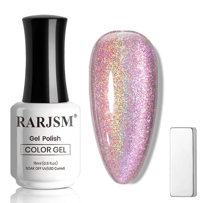 RARJSM Aurora Holographic Cat Eye Gel Nail Polish Purple Pink Laser Rainbow Iridescent Glitter Sparkle Cat Eye Gel Polish with Magnet Stick Soak off UV LED Curing Requires Home Salon Diy Nail Art