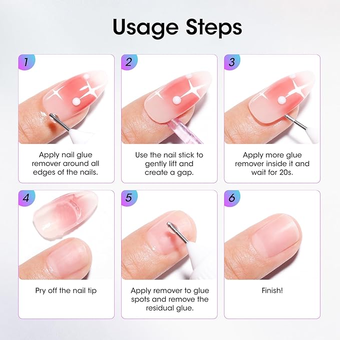 Gellen Nail Glue Remover, Non Acetone Press On Nail Remover for Quick Dry Strong Brush Bond, 10s Fast Gentle Removal Solid Gel & UV Gel, Glue Off for Fake Nail Tips with Stick, 0.67 Fl.oz