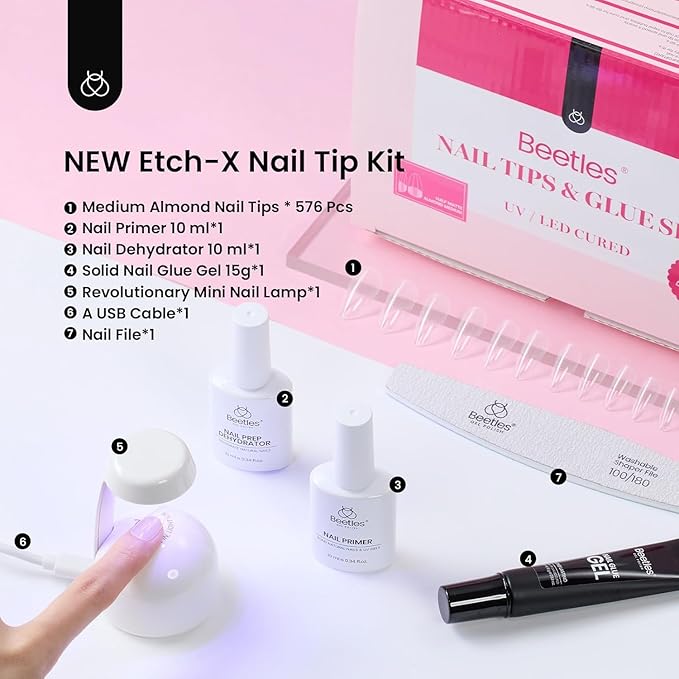 Beetles Gel Nail Kit Medium Almond with Nail Dehydrator and Primer, 576Pcs Half Matte Etch-X Gel Nail Tips Solid Nail Glue Mini Nail Lamp Acrylic Nail Tips Easy DIY Nail Extension Set Gift for Women