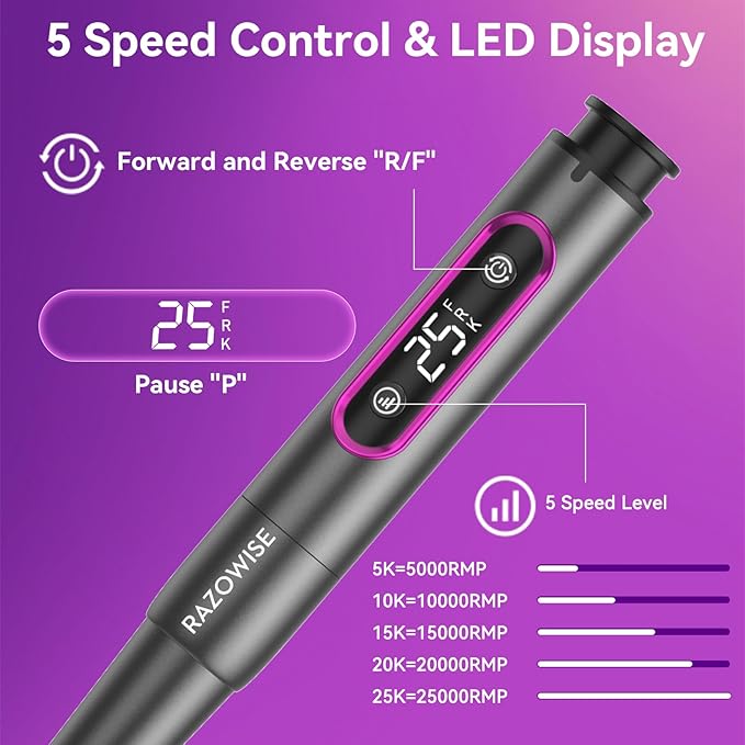 Nail Drill Electric File: Professional for Acrylic Gel Powder Nails Portable Nail Drill for Manicure Pedicure Nail Efile 5 Speeds 12 in 1 with LED Display Rechargeable, Grey