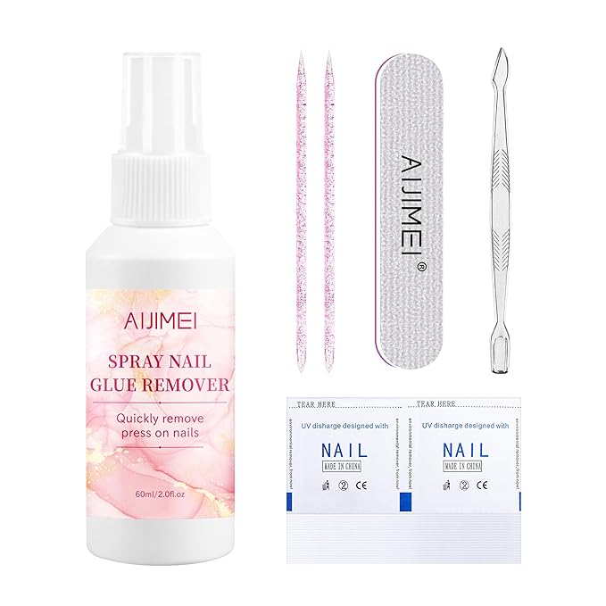 AIJIMEI Press on Nail Remover Kit Spray Nail Glue Remover with Crystal Rod NailPolish Remover Pads NailGlue Remover for Press On Nails for Easy Removal Debonder (60ml/2fl.oz)