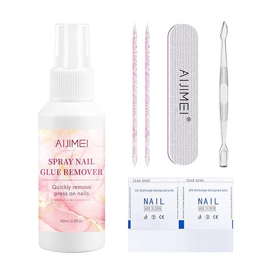 AIJIMEI Press on Nail Remover Kit Spray Nail Glue Remover with Crystal Rod NailPolish Remover Pads NailGlue Remover for Press On Nails for Easy Removal Debonder (60ml/2fl.oz)