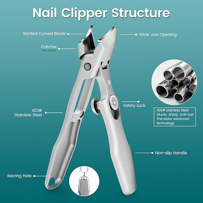 YTD Likomey Beveled Wide Jaw Opening Nail Clippers,Long Handled Toenail Clippers for Thick Nails,Ultra-Sharp Fingernail Clipper with Catcher,Nail Cutter with Nano Glass Nail File Set for Seniors