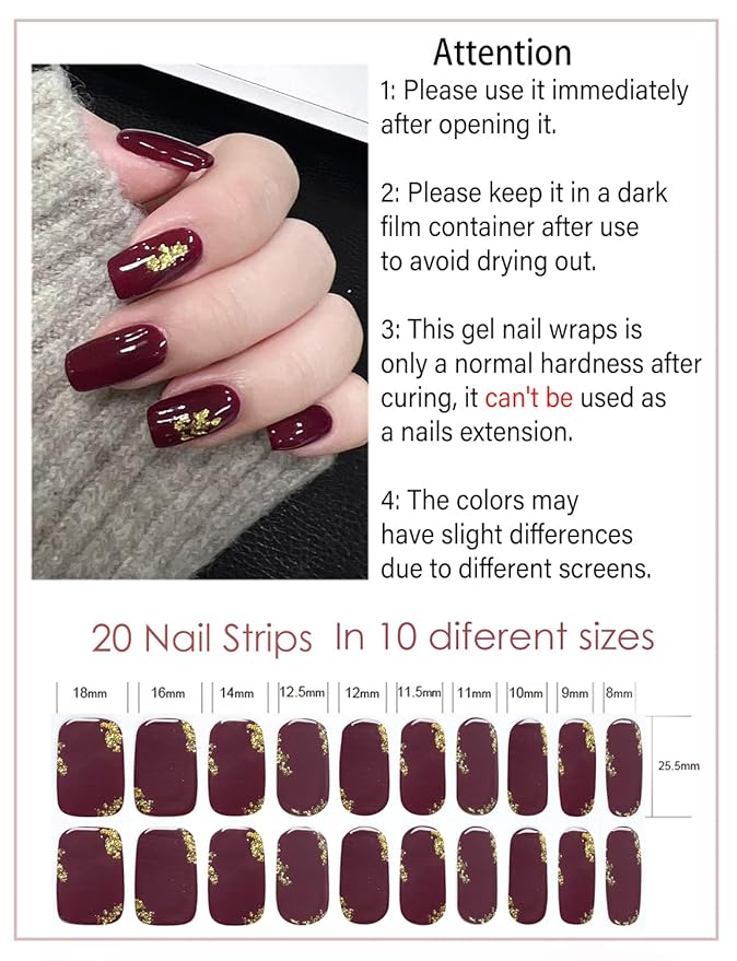 Semi Cured Gel Nail Strips, 20pcs Gold Foil Gel Stickers Work with UV for Home Nail Art DIY, Easy to Use and Remove