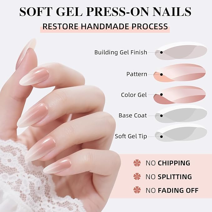 Press on Nails, Short Press on Nails Almond Reusable Glossy Pink White Nails Soft Gel False Nails Press ons for Women, 16 Sizes 32 Count Nails Kit with Glue (SV-05)