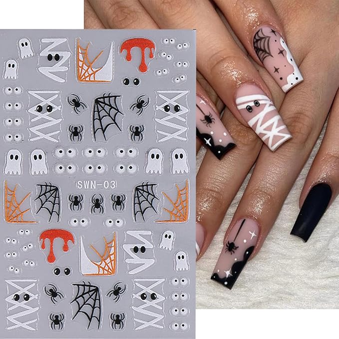 Halloween Nail Art Stickers Decals 5D Embossed Halloween Nail Decals 4PCS Ghost Bandage Eye Ball Spider Web Pumpkin Nails Design Adhesive Stickers Manicure Supply for Women DIY Nail Art Decorations