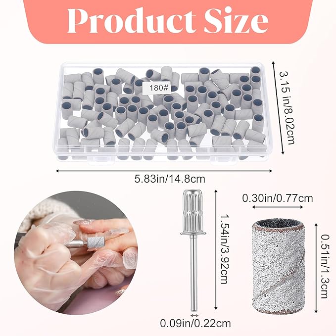 200 Pcs Nail Sanding Bands, 180 Grit Zebra Sanding Bands for Nail Drill with 3/32” Nails Drill Bit for Nails Files, Gel Removing