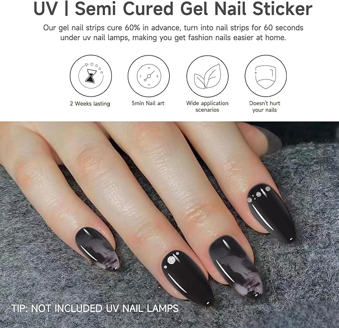 Semi Cured Gel Nail Strips | 28 pcs Gel Nails Strips Halloween Work with Any UV Lamps, Long Lasting UV Nail Stickers for Women DIY Nails Wraps(Black Spider)