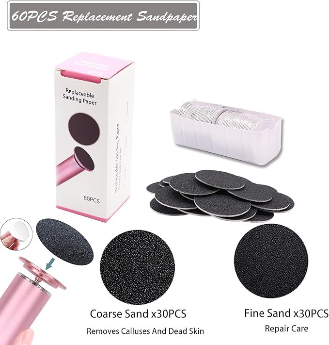 Electric Foot Callus Remover Pink Professional Powerful Foot File Pedicure Grinder Sanders with 60PCS Replacement Sandpaper Discs Heel Scraper for Dead Dry Crack Skin Calluses Speed Adjustable