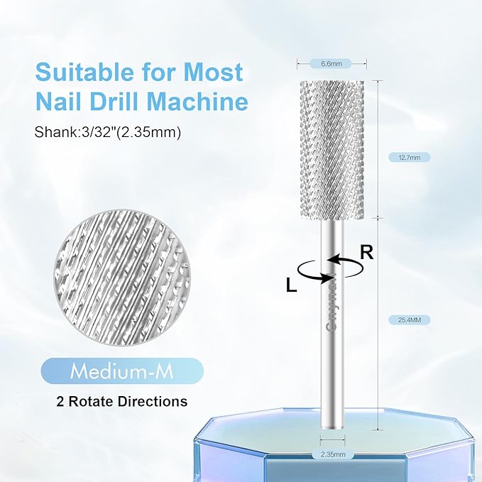3/32" Large Barrel Bit Tungsten Carbide Nail Drill Bit Safety Bit for Gel & Acrylic Removal, 2- Way Rotating Efile Tip, Salon Electric File Accessory (M Girt, Silver)