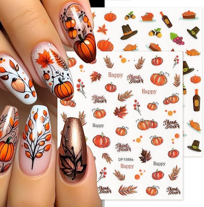 6 Sheets Fall Nail Stickers Autumn Maple Leaf Nail Art Stickers for Nail Art Cute Pine Cones Pumpkin Turkey Designs 3D Self-Adhesive Thanksgiving Nail Decals for Women DIY Acrylic Manicure Decoration