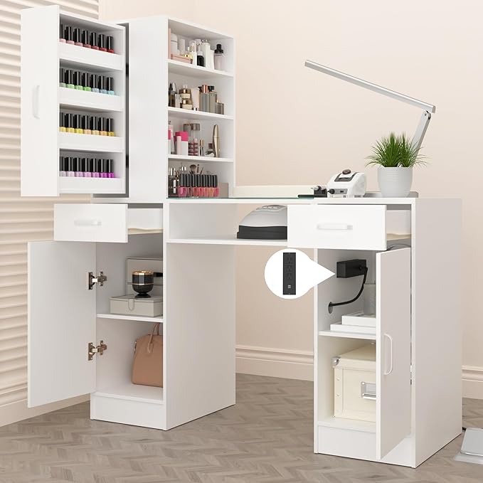 Manicure Table Nail Desk for Nail Tech with Glass Top & Wrist Rest,Nail Desk Station with Power Outlets,Shelves, Storage Cabinets, Drawers,Beauty Salon Workstation(White)