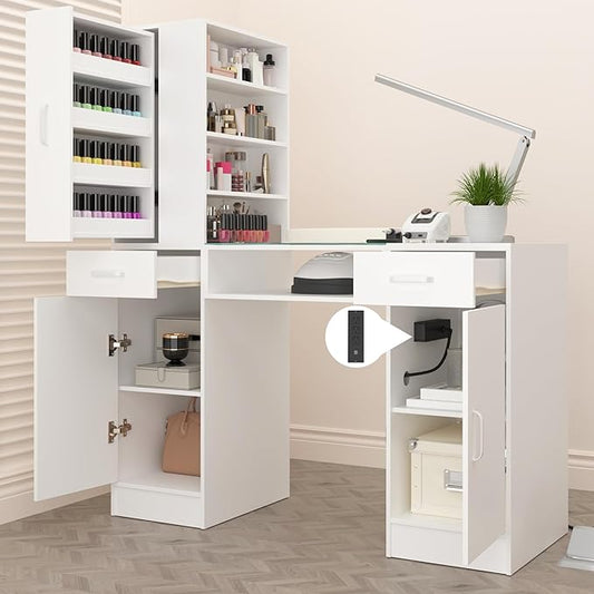 Manicure Table Nail Desk for Nail Tech with Glass Top & Wrist Rest,Nail Desk Station with Power Outlets,Shelves, Storage Cabinets, Drawers,Beauty Salon Workstation(White)