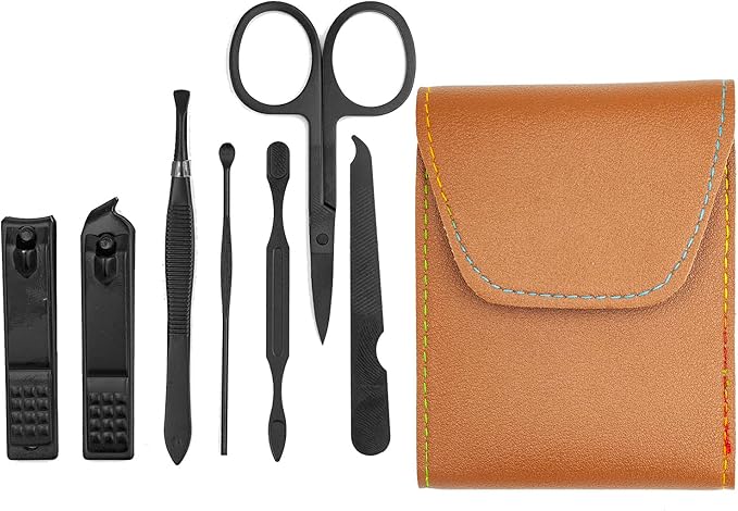 Nail Clipper Set, 7PCS Manicure Set Fingernail Clippers Kit Black Stainless Steel Pedicure and Manicure Kit with Brown PU Leather Case