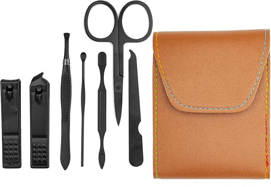 Nail Clipper Set, 7PCS Manicure Set Fingernail Clippers Kit Black Stainless Steel Pedicure and Manicure Kit with Brown PU Leather Case