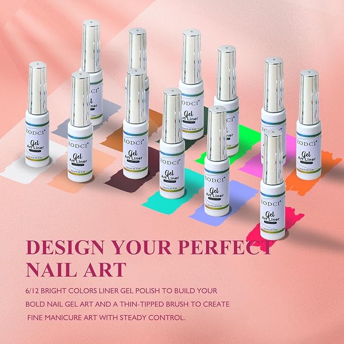 Nail Art Gel Liner Set, 12 Colors White Bown Nude Grey Purple Green Glitter Fall Winter Gel Polish for Swirl French Tip Painting Designs Soak Off Built Thin Brush DIY Nail Design Kit
