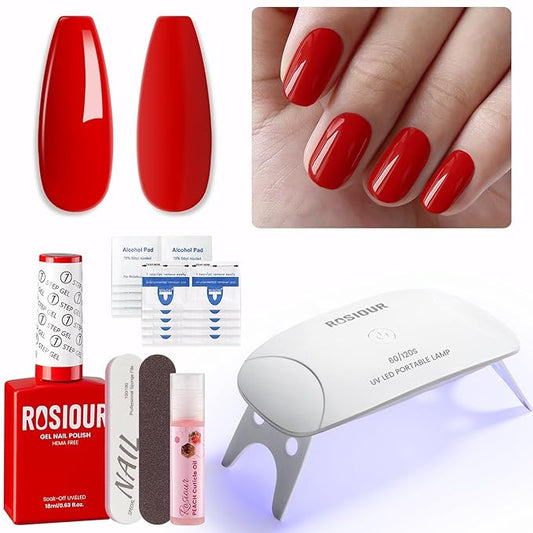 HEMA and TPO Free Gel Nail Polish Kit with U V Light, Red One Step Gel Nail Polish 3-in-1, No Need Base and Top Coat Nail Kit with Everything, Nail Starter Manicure Tools Gifts for Women