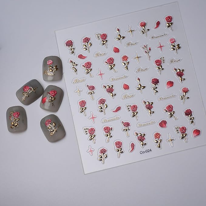 5D Embossed Rose Nail Stickers Flower Nail Art Sticker Valentine's Nail Art Supplies Spring Rose Flower Retro Gold Design Floral Nail Adhesive Sticker for Women Manicure Decoration Accessories