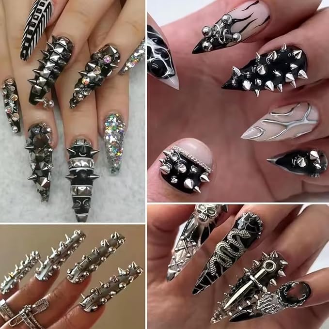 6 Grids Punk Bullet Rivet Nail Charm,3D Alloy Flat Bottomed Pointed Cone Mixed Black Silver Nail Art Rhinestones Studs DIY Crafts Nail Art Charm Spike Nails for Women DIY Nail Decoration Accessories