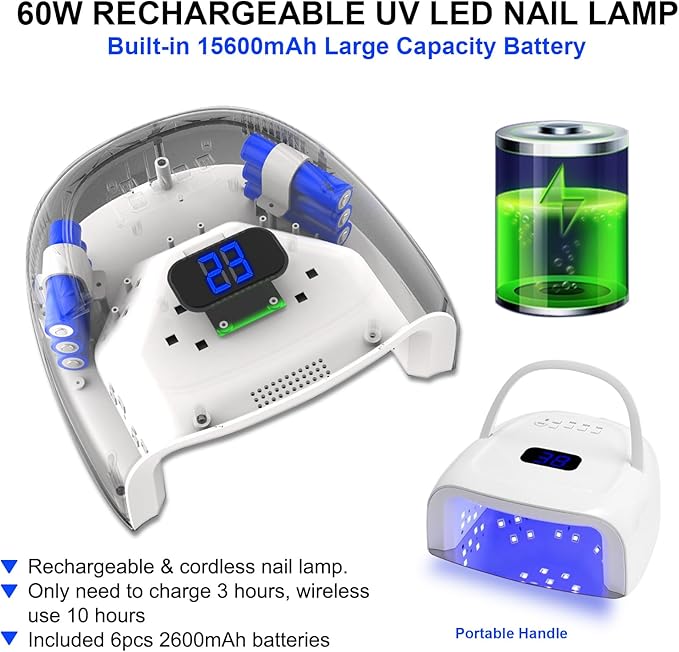 UV LED Nail Lamp,60W Professional Rechargeable UV LED Nail Dryer for Gel Nail Polish Dryer Fast Curing Lamp, 4 Timer Settings Gel Nail Lights for Auto Sensor Nail Machine (White)