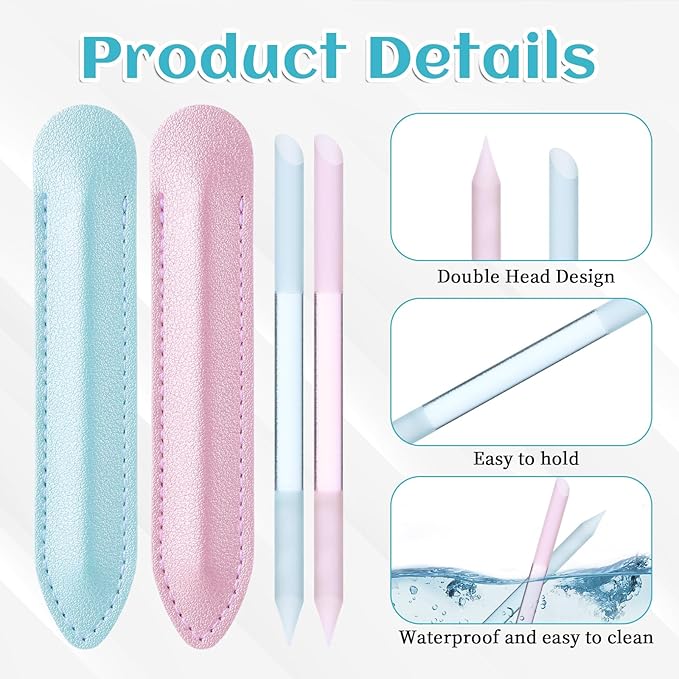 Giantree 2 Pcs Glass Cuticle Pushers, with Leather Case Double-Headed Cuticles Removal Tool, Glass File Fingertip Precision File Cuticles Remover, Nail Stick Cuticle Pusher Tools for Nail