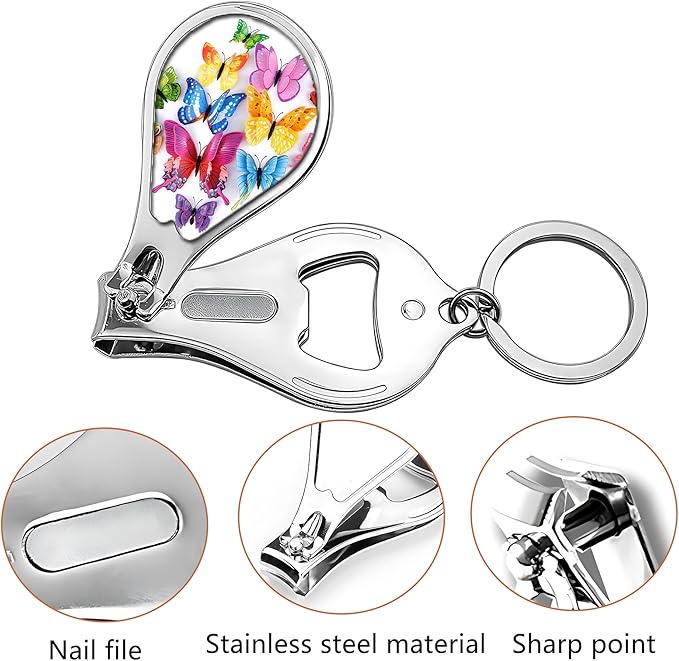 Nail Clipper Set with Keychain 2 Pack Toenail Clippers with Jar Opener Multifunction Nail Cutter for Men-Dorm Room Essentials,Gift for Thanksgiving,Halloween,Travel Essentials(Butterfly)