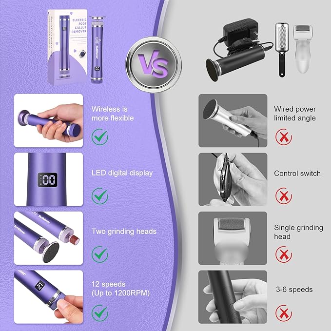 Electric Callus Remover for Feet, Cordless Foot File Pedicure Tool, Foot Sander Nail Grinder with 60+10PCS Sandpapers for Dead Skin Dry Calluses, 3 in 1 Foot Scrubber & Nail File (Purple)