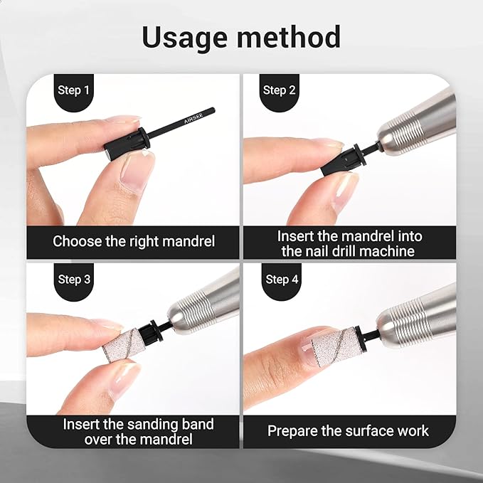 AIRSEE Nail Drill Mandrel Bit for Efile Sanding Bands, Stainless Steel Professional Electric File Head for Clean Cuticle Removing, Acrylic Tip Dead Skin Sander Remover Manicure Safety (Classic Black)