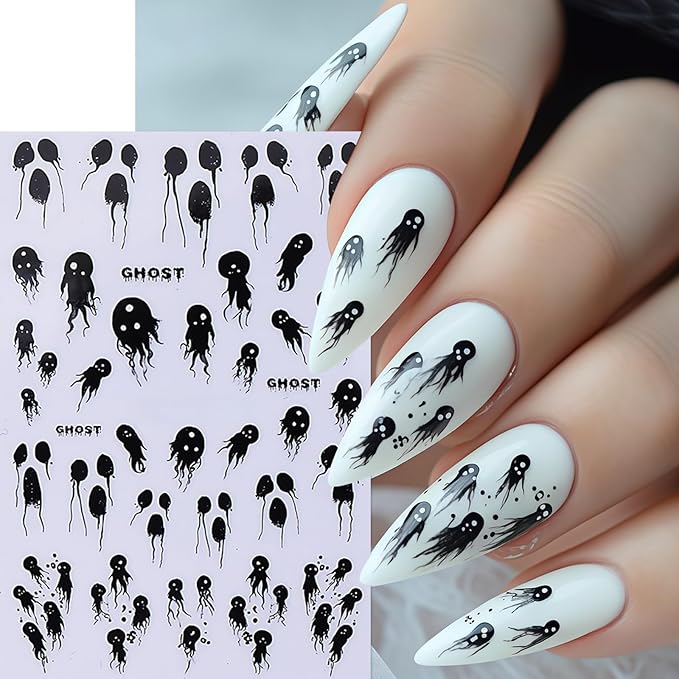 6 Sheets Halloween Nail Stickers 3D Self-Adhesive Scary Eyes Spider Ghost Nail Art Stickers Holiday Nail Decals Bloody Spiderweb Black Ghost Bats Nail Supplies for Women DIY Holiday Nail Decoration