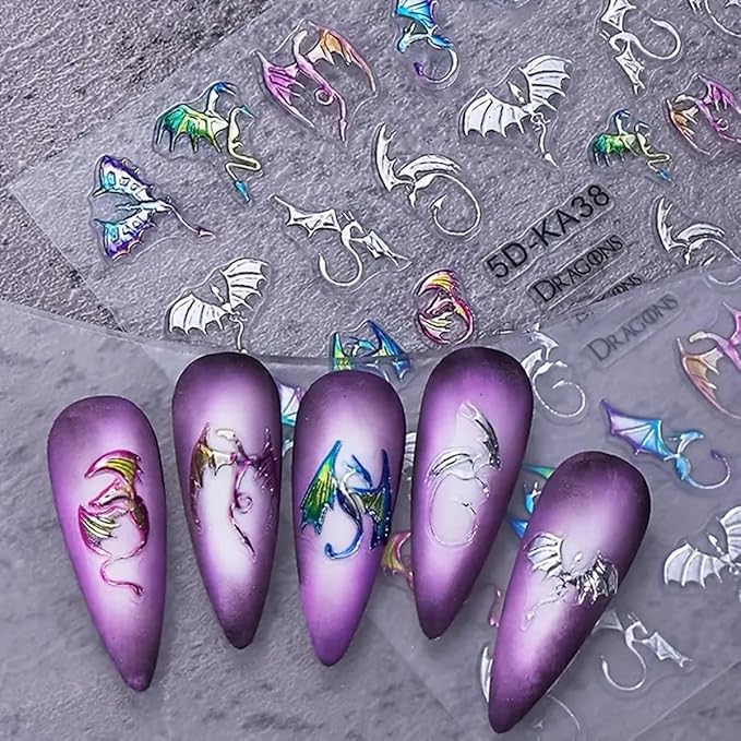 5D Embossed Dragon Nail Art Stickers 2PCS Silvery Flying Devil Bat Halloween Nail Decals Nail Art Supplies Sweet& Cool Flying Dragon Self-Adhesive Nail Stickers for Women DIY Nail Salon Decoration