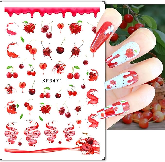 6Sheets Cherry Nail Art Stickers Decals Summer Fruit Nail Stickers 3D Self-Adhesive Strawberry Bow Nail Art Design Supplies Cute Fruits Rabbits Nail Decals for Women and Girls Acrylic Nails Decoration