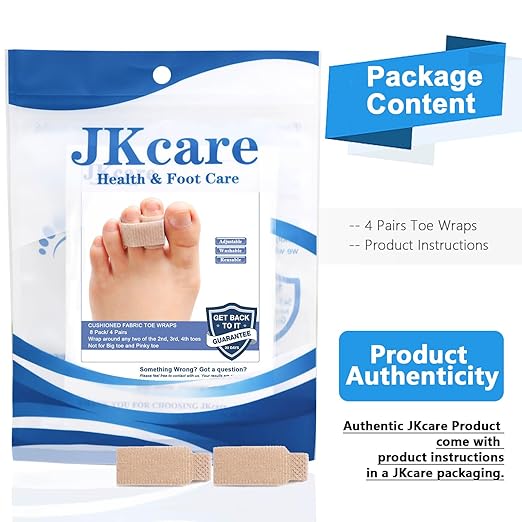 JKcare Broken Toe Wraps, 8 Pack Improved Hammer Toe Cushion Bandages, Toe Buddy Separator Splint for Overlapping, Bent, Crooked Toe Pain Relief - Temporary Toe Straighteners
