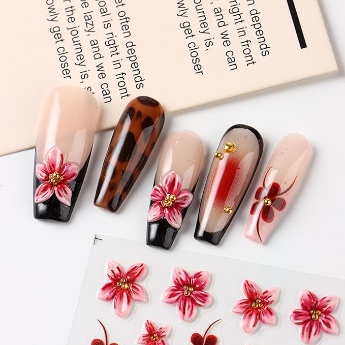 Leopard Print Nail Art Stickers Decals French Tip Nails Stickers 5D Embossed Flower Nails Decal Self-Adhesive Nail Art Decal for Women Manicure Decor