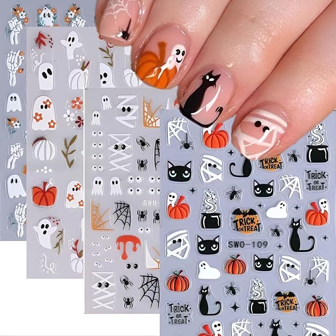 4 Sheets Halloween Nail Art Stickers Ghost Nail Art Stickers 5D Self-Adhesive Spider Nail Decals with Flower Design Pumpkin Black Cat Nails Art Spider Web Nail Supplies for Women