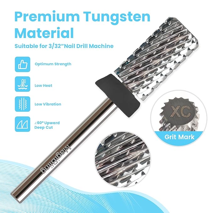 Super Cut Large Barrel Nail Drill Bits for Professional Users, 3/32'' Tungsten Carbide Bits, Upward Deep Cut for Removing Hard Gel Fast, Right Hand Use, Manicure Cuticle Gel Polishing, Extra Coarse.