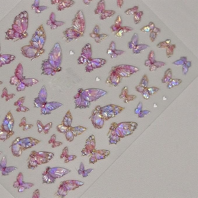 Butterfly Nail Art Stickers 5D Embossed Pink Butterfly Nail Decals Glitter Aurora Butterfly Nail Pattern Self-Adhesive Nail Art Supplies Butterfly Nail Stickers for Women Manicure DIY Nail Decoration